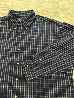 Polo Ralph Lauren Shirt Men’s XL Custom Fit Blue Plaid Check 100% 2-Ply Cotton